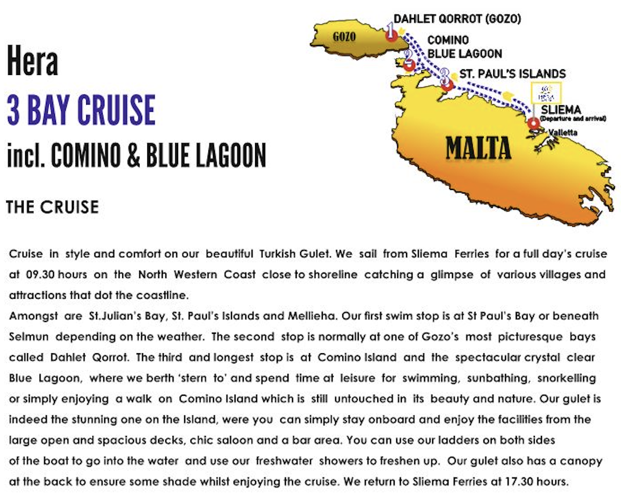 3 Bay Cruise with Hera Cruises - Visits Blue Lagoon, St Pauls Bay & Gozo - Drinks & Lunch buffet included